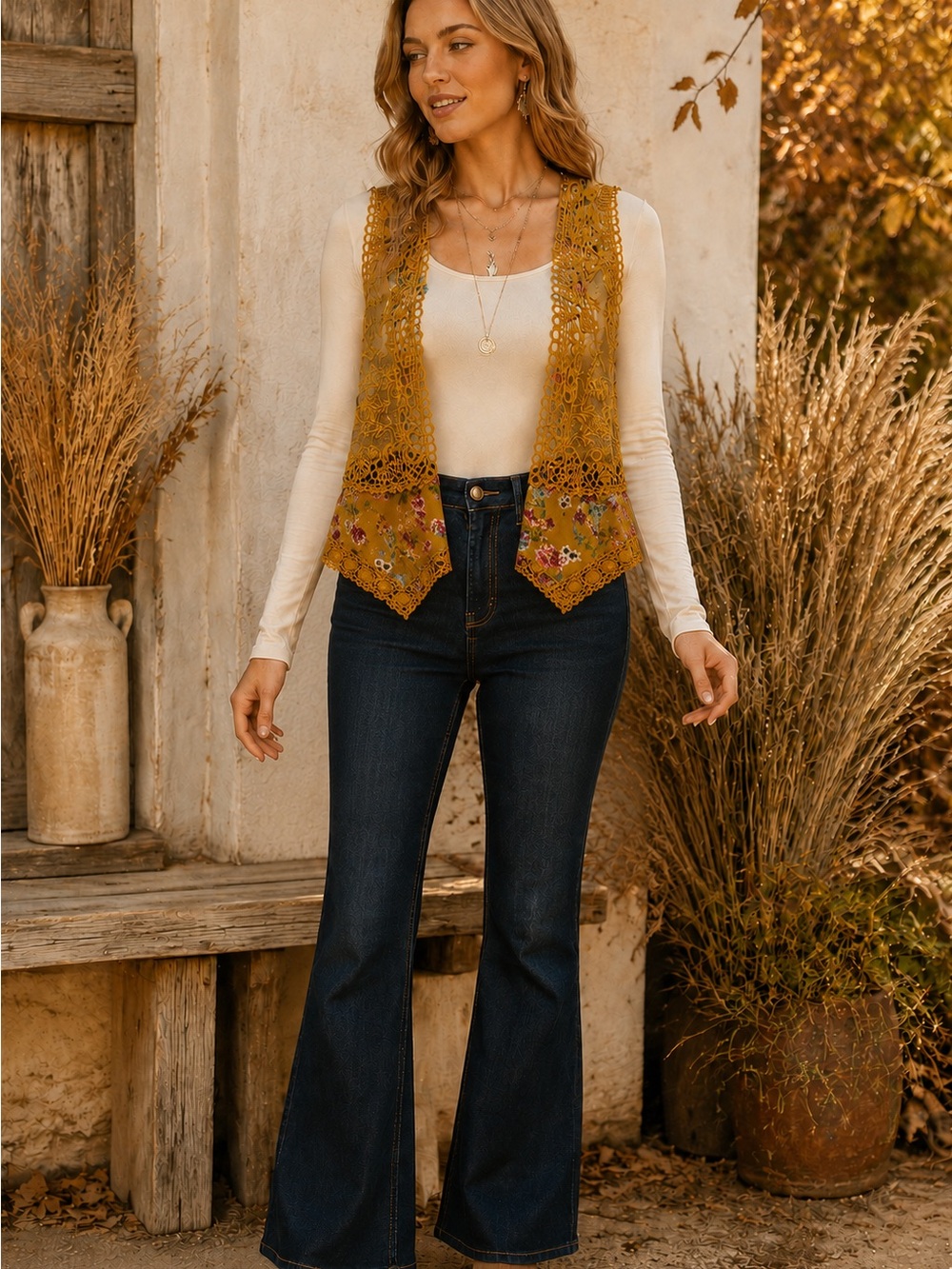 No Boundaries Mustard Crochet Floral Vest